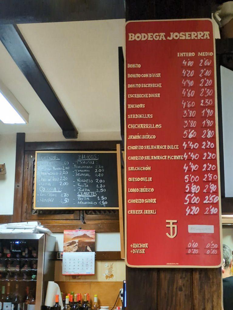 menú de la bodega joserra